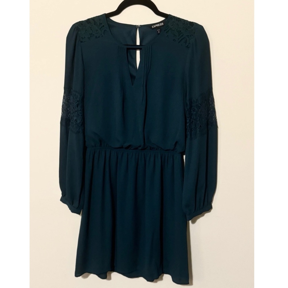 Express Emerald Green Lace Key Hole Front Long Sleeve Chiffon Mini Dress Medium